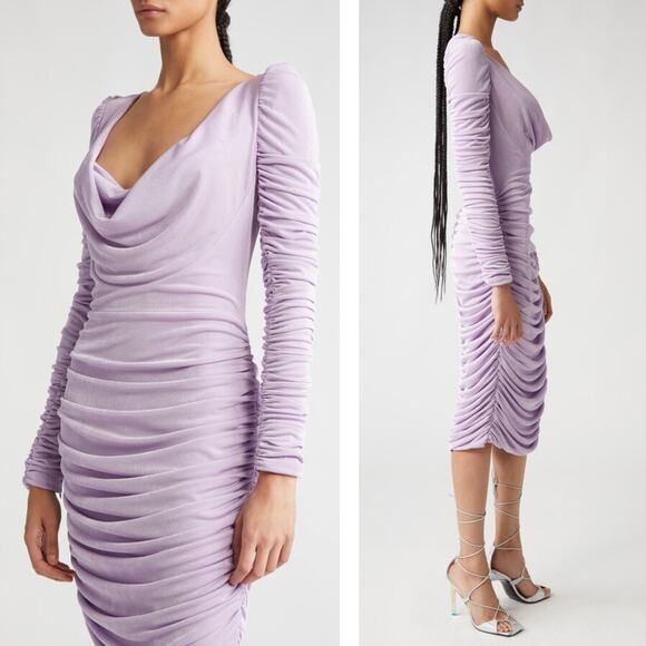 Aliette Ruched Long Sleeve Cowl Neck Midi Dress 2 Purple NWT - Picture 12 of 12